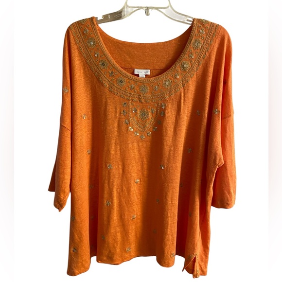 J Jill love linen orange linen embellished top 2X - Picture 2 of 7